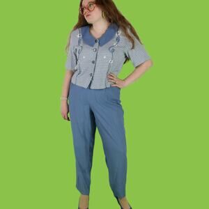 Vintage Blue Plaid 2 Piece Pantsuit Set, 16P